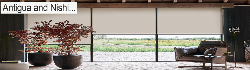 Living room with roller blinds made from the natural shade from Antigua Roller Blinds.